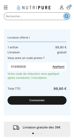 Saisie du code parrainage Nutripure lors de la validation du panier