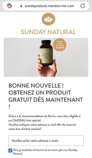 Saisie de votre email sur Sunday Natural pour obtenir votre coupon cadeau